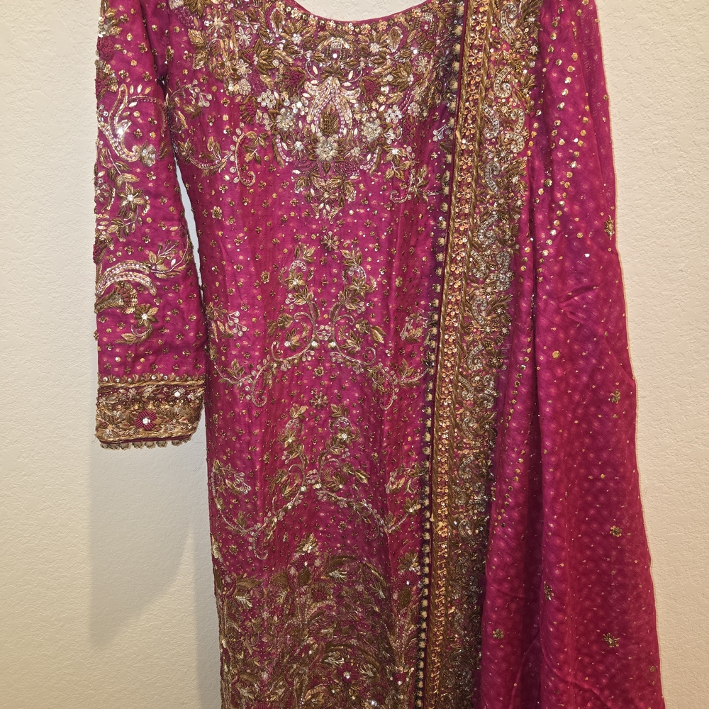 Embellished Fuchsia Traditional Dress with Gold Accents